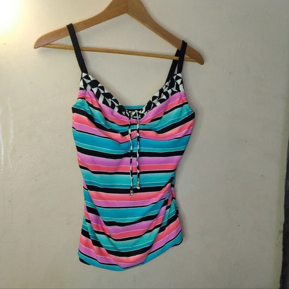 Coco Reef Front Tie Striped Multicolor Takini Swimsuit Top Bra Size 38D - Picture 3 of 9